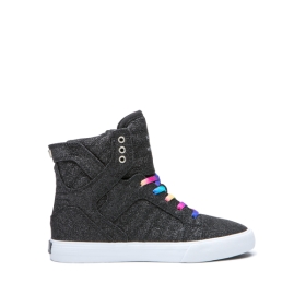 Supra Kids SKYTOP High Top Shoes Black Sparkle/White | US-18136